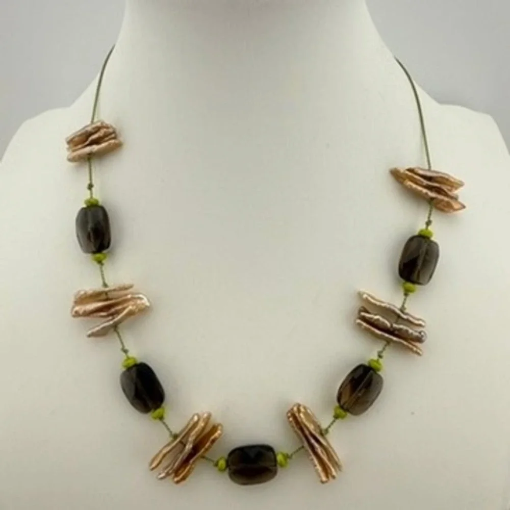 Biwa Pearl Smoky Quartz Necklace Champagne Stone Hand Knotted Toggle Artisan